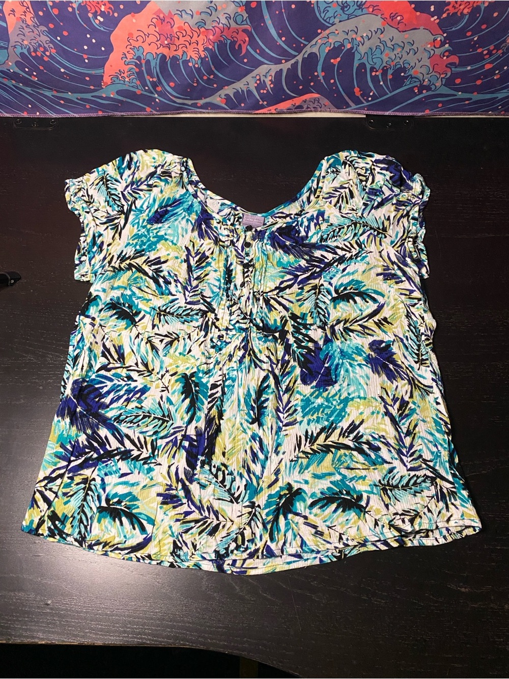 Laura Scott Blue Green Palm Print Short Sleeve Top
